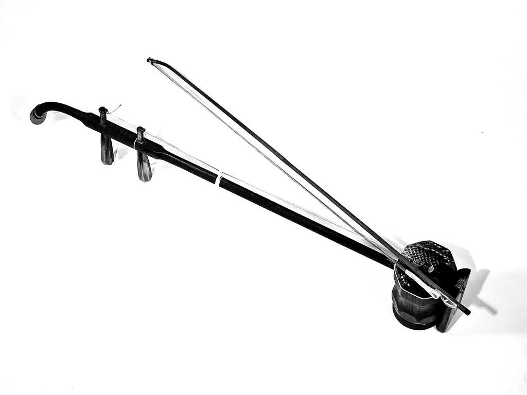 The erhu is a two-stringed bowed instrument that originated in China. Its distinguishing features include a small resonator, usually covered with python skin, a long neck, and a bow that is placed between the strings. The erhu is known for its expressive capabilities and its unique, somewhat nasal tone.